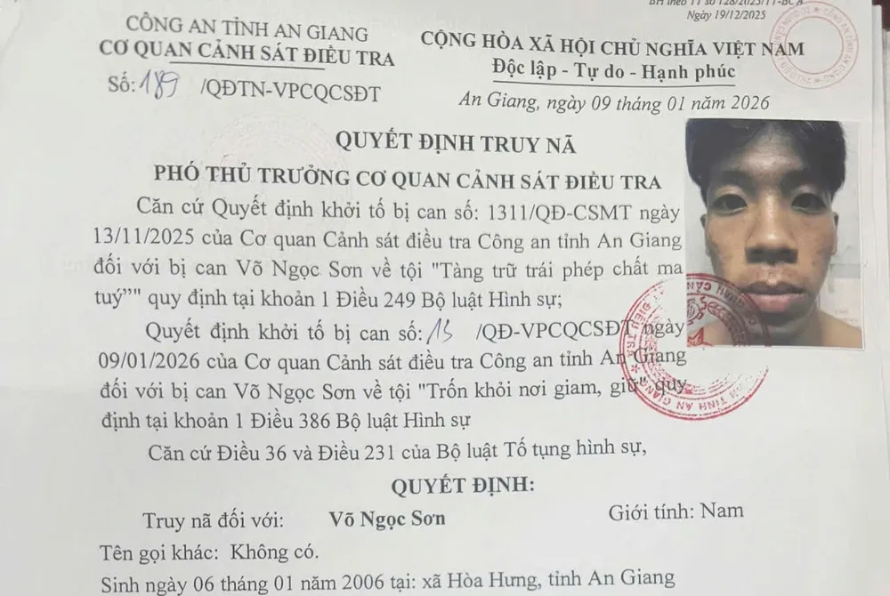 Quyết định truy nã Võ Ngọc Sơn tội trốn khỏi nơi giam giữ