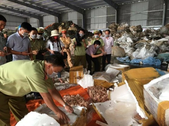 Market managers and police open containers of rotten pig organs (Photo: SGGP)