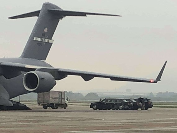 C-17 Globemaster transport aircraft carrying the Cadillac One of United States President Donald Trump landed in Noi Bai International Airport