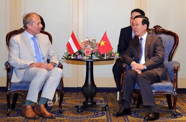 President Vo Van Thuong (R) meets with Prof. Dr Alfred Gerstl, Chairman of the Austria - Vietnam Friendship Association, in Vienna on July 23. (Photo: VNA)