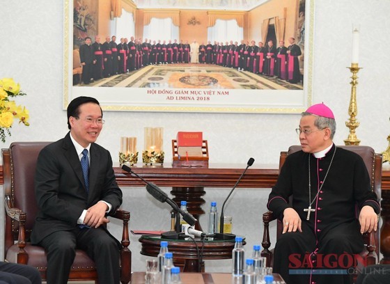 President Vo Van Thuong visits the Catholic Bishops' Conference of Vietnam at its office in Ho Chi Minh City on August 7. (Photo: Viet Dung)