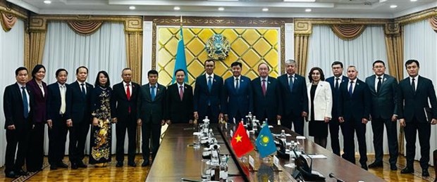 Delegates at the meeting between Vietnamese NA Vice Chairman Nguyen Khac Dinh and Deputy Speaker of the Senate of Kazakhstan Zhakip Asanov (Photo: VNA)