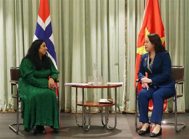 Vice President Vo Thi Anh Xuan (R) meets Norwegian Minister of Culture and Equality Lubna Jaffery (Photo: VNA)