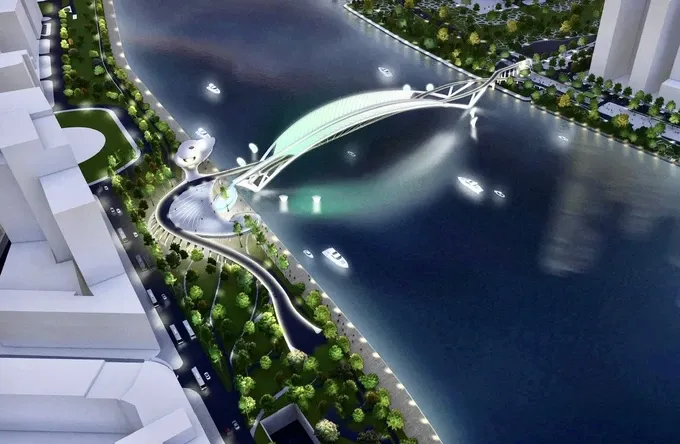 The perspective of the pedestrian bridge over the Saigon River at night (Photo: Quoc Hung)