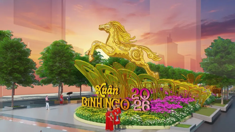 Bản phối cảnh ở cổng mở Đường hoa Nguyễn Huệ Tết Bính Ngọ 2026