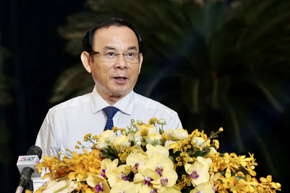 Bí thư Thành ủy TPHCM Nguyễn Văn Nên phát biểu chỉ đạo tại hội nghị. Ảnh: HOÀNG HÙNG