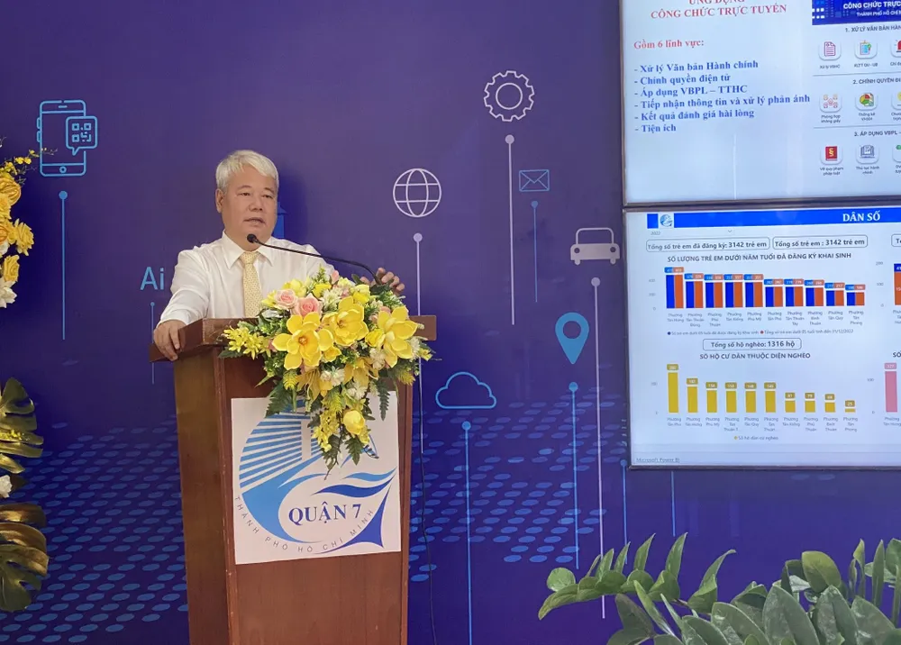 Bí thư Quận ủy quận 7 Võ Khắc Thái phát biểu tại lễ ra mắt Trung tâm Điều hành đô thị thông minh quận 7 Bí thư Quận ủy quận 7 Võ Khắc Thái phát biểu tại lễ ra mắt Trung tâm Điều hành đô thị thông minh quận 7