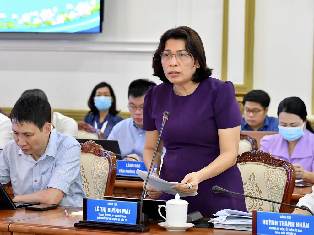 Giám đốc Sở KH-ĐT Lê Thị Huỳnh Mai báo cáo tại phiên họp. Ảnh: VIỆT DŨNG