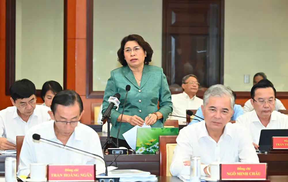 Ms. Le Thi Huynh Mai speaks at the meeting.