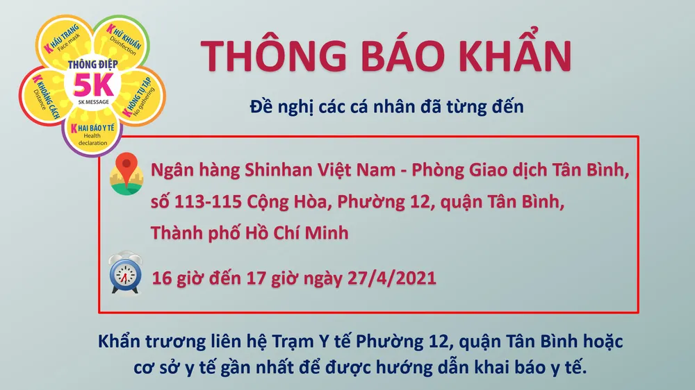 Khẩn: Tìm người từng đến phòng giao dịch Tân Bình của Ngân hàng Shinhan Việt Nam 