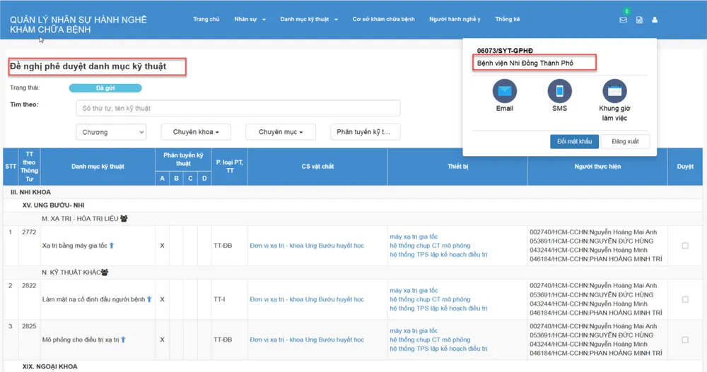 Ứng dụng “Quản lý danh mục kỹ thuật” đã được kết nối và liên thông với cổng tra cứu thông tin hoạt động khám chữa bệnh của ngành y tế TPHCM