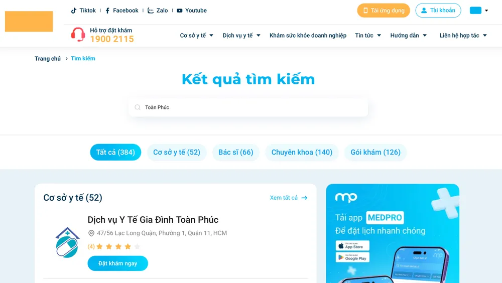 Vào Medpro.vn dễ dàng tra cứu và đặt lịch truyền nước biển tại nhà với Công ty TNHH Y tế Toàn Phúc. Ảnh: SỞ Y TẾ TPHCM