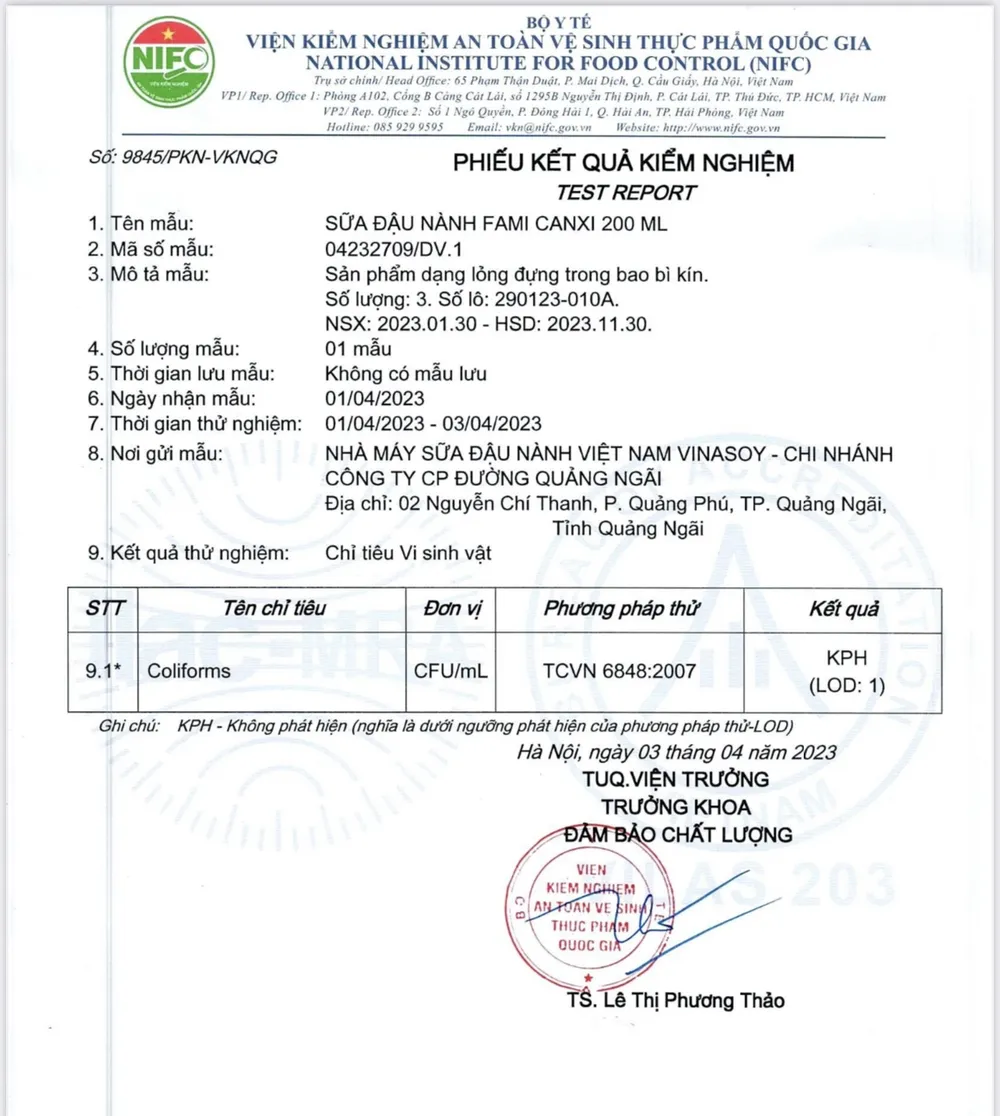 Kết quả lô sữa đậu nành Fami Canxi hoàn toàn đạt tiêu chuẩn, không nhiễm vi khuẩn Coliforms