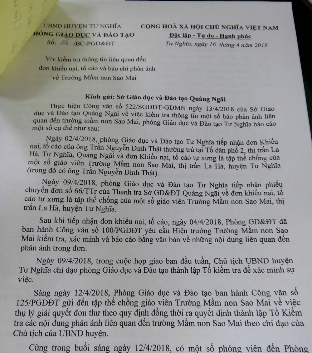 Kết quả ban đầu về đơn tố cáo của tập thể đối với hiệu trưởng trường mầm non Sao Mai ảnh 1