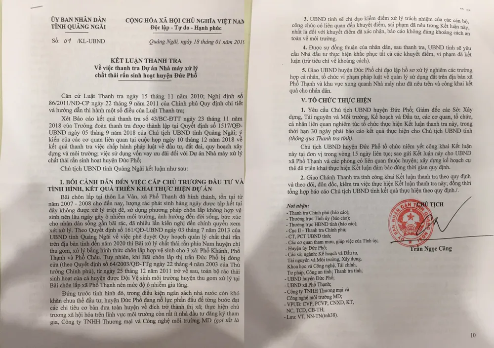 Kết luận thanh tra Dự án Nhà máy rác Sa Huỳnh ảnh 1