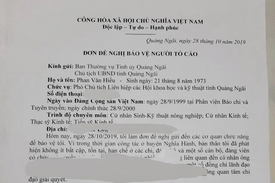 Nguyên Phó Bí thư huyện Nghĩa Hành đề nghị bảo vệ tính mạng bản thân, gia đình ảnh 1