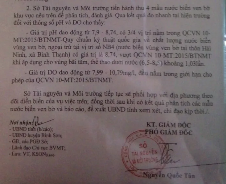 Vụ nước biển đổi màu tại Quảng Ngãi: 1/4 mẫu nước biển có độ pH vượt mức cho phép ảnh 2