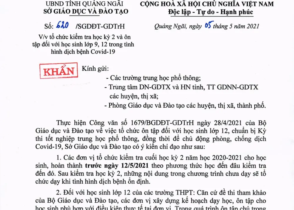 Quảng Ngãi: Kiểm tra cuối học kỳ 2 hoàn thành trước ngày 12-5 để phòng chống dịch Covid-19 ảnh 1