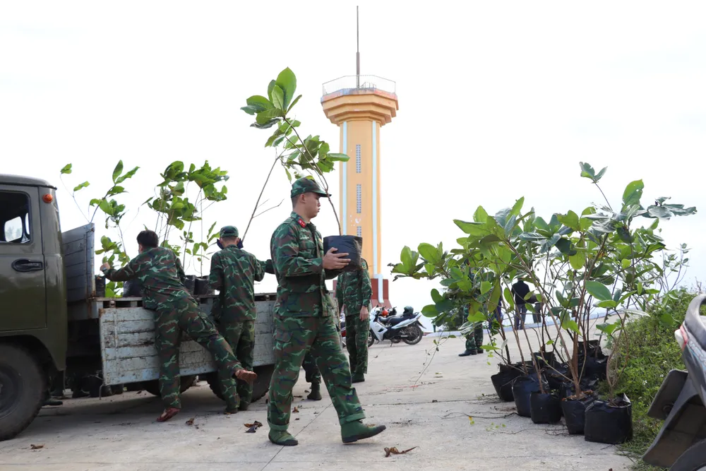 Các chiến sĩ đưa cây xanh lên tập trung quanh Cột cờ Tổ quốc tại núi Thới Lới