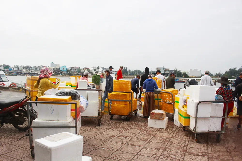 Lượng hàng hóa đổ dồn về cảng Sa Kỳ - Lý Sơn trong ngày đầu các tàu khách hoạt động trở lại để kịp phục vụ tết trên đảo. Ảnh: NGUYỄN TRANG