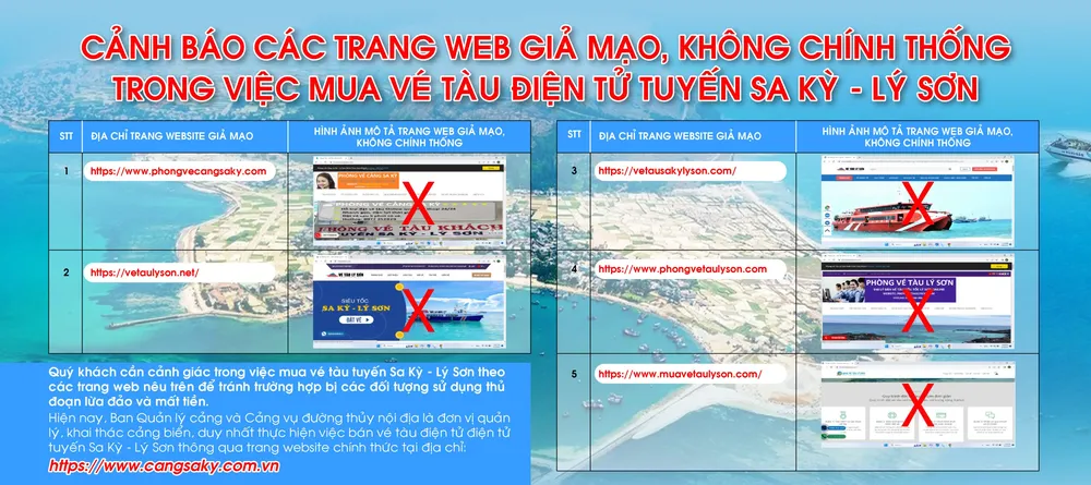 Ban Quản lý Cảng và Cảng vụ đường thủy nội địa cảnh báo việc các trang website giả mạo, không chính thống trong việc mua vé tàu điện tử tuyến Sa Kỳ-Lý Sơn. Ảnh: BQL