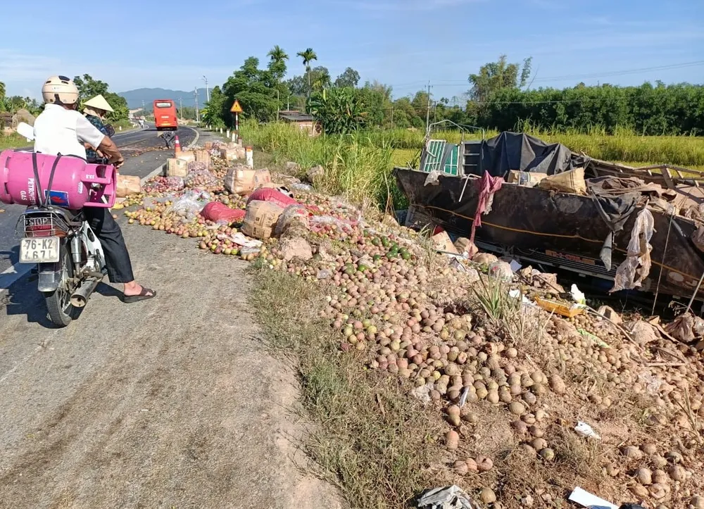 Xe chở trái cây bị lật xuống ruộng