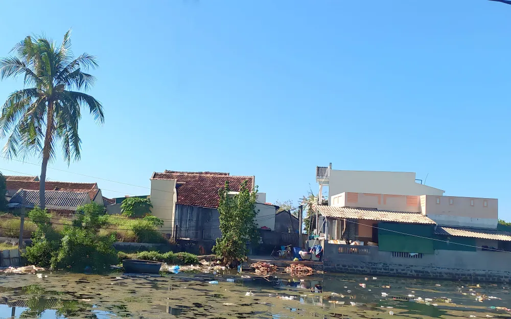 Bên kia hồ nuôi tôm là xóm Gò Tây. Ảnh: NGUYỄN TRANG