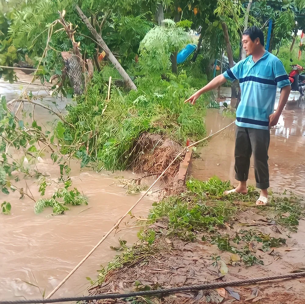 Xói lở gần sát nhà dân ven sông Trà Bồng, xã Bình Dương, huyện Bình Sơn. Ảnh: UBND xã Bình Dương