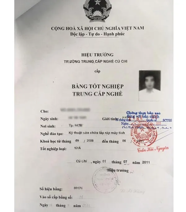 Bằng tốt nghiệp Trung cấp nghề của thí sinh V.A.T