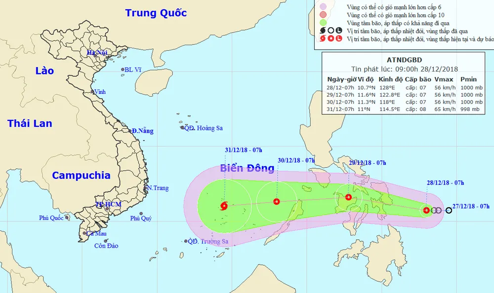 Dự báo về đường đi của áp thấp nhiệt đới có thể mạnh lên thành bão. Ảnh: TTDBKTTVQG