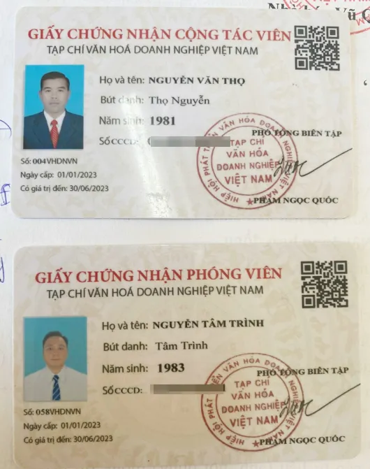 Giấy chứng nhận cộng tác viên, phóng viên của hai đối tượng bị bắt giữ để điều tra
