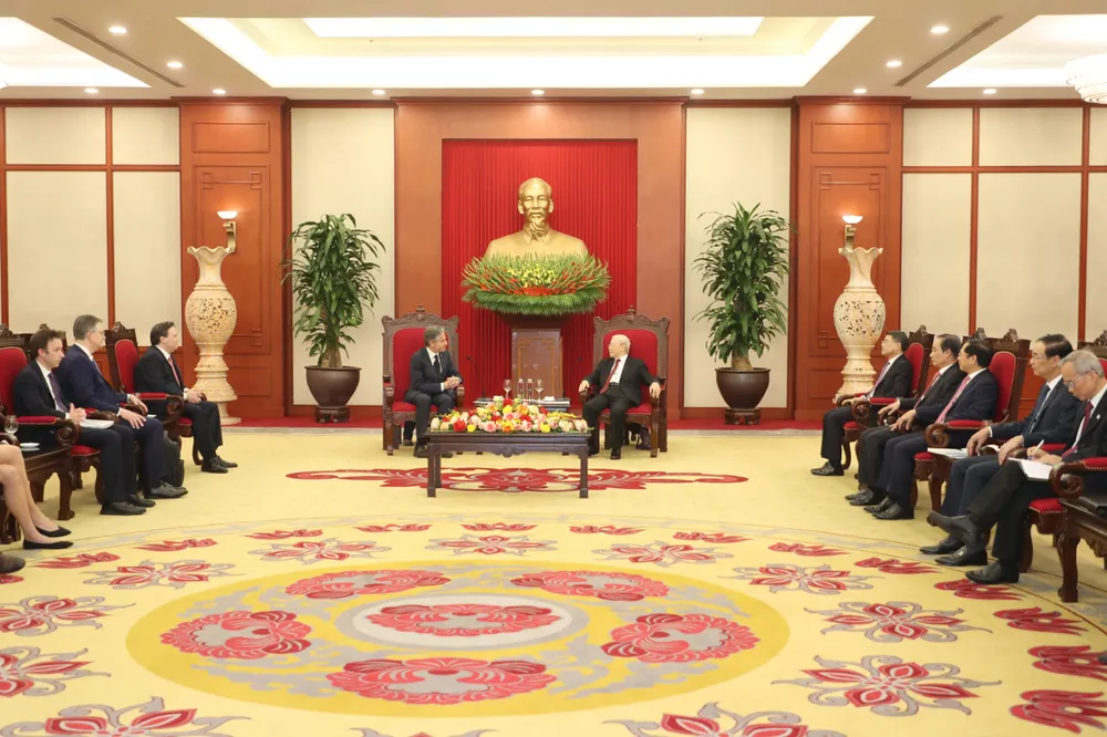 Tổng Bí thư Nguyễn Phú Trọng tiếp Ngoại trưởng Hoa Kỳ Antony Blinken. Ảnh: QUANG PHÚC Tổng Bí thư Nguyễn Phú Trọng tiếp Ngoại trưởng Hoa Kỳ Antony Blinken. Ảnh: QUANG PHÚC