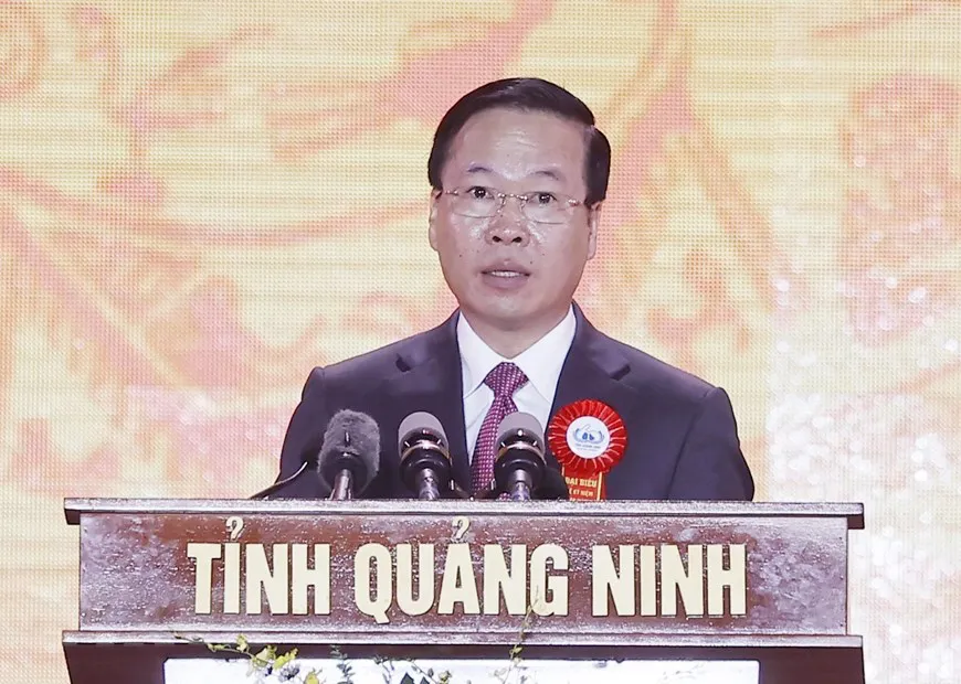 Chủ tịch nước Võ Văn Thưởng phát biểu tại lễ kỷ niệm 60 năm thành lập tỉnh Quảng Ninh, tối 28-10-2023. Ảnh: TTXVN