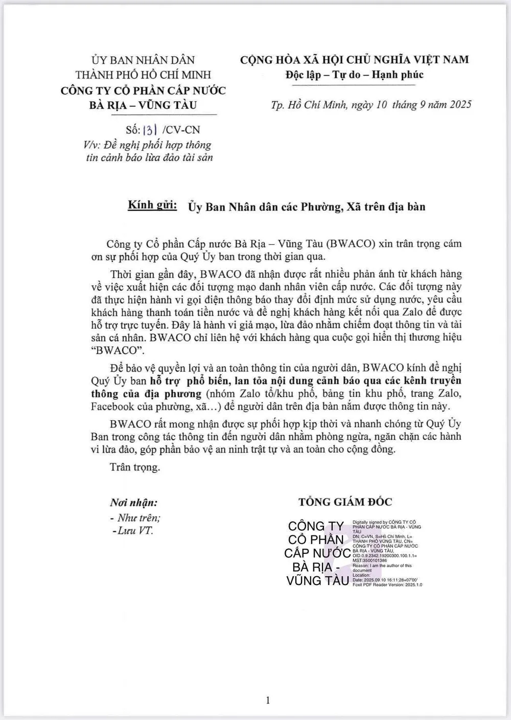 Văn bản đề nghị phối hợp thông tin cảnh báo lừa đảo chiếm đoạt tài sản của BWACO