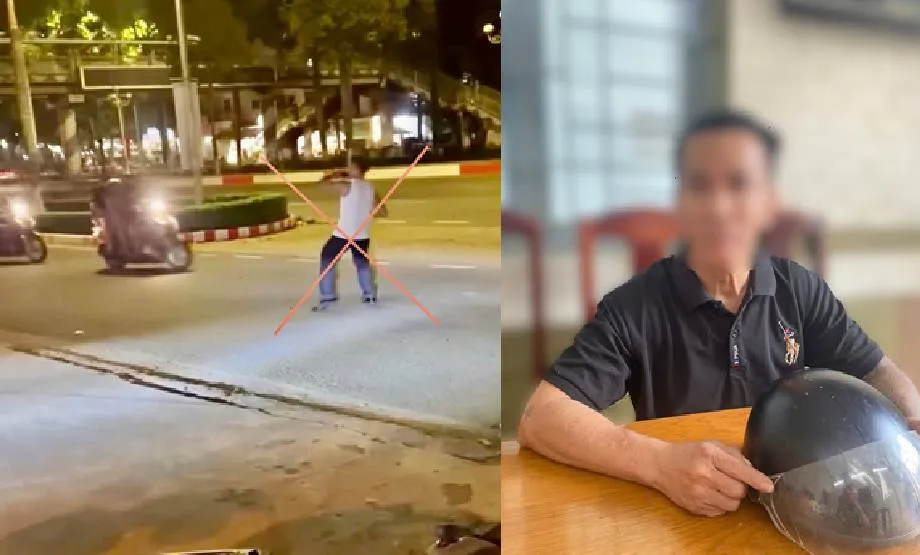 Hình ảnh cắt từ clip ông N.M.B nhảy nhót giữa lòng đường (bên trái) và ông N.M.B làm việc tại Công an phường (bìa phải). Ảnh: CATĐN