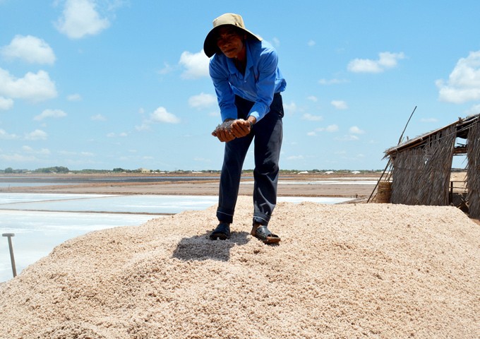 圖為薄寮省東海縣鹽民在收獲海鹽。（資料圖：互聯網）