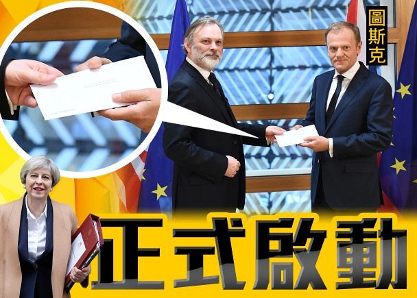 巴羅（左）把「分手信」交予圖斯克（右），與此同時，特蕾莎‧梅（左下小圖）在國會演說。（拼圖/圖源：AFP）