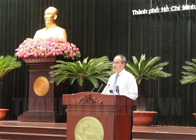 市委書記阮善仁在會議上發表講話。（圖源：市黨部新聞網）