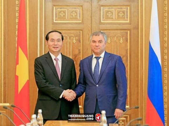 國家主席陳大光會見俄羅斯聯邦國家杜馬主席納雷什金。(圖源：Trandaiquang.org)