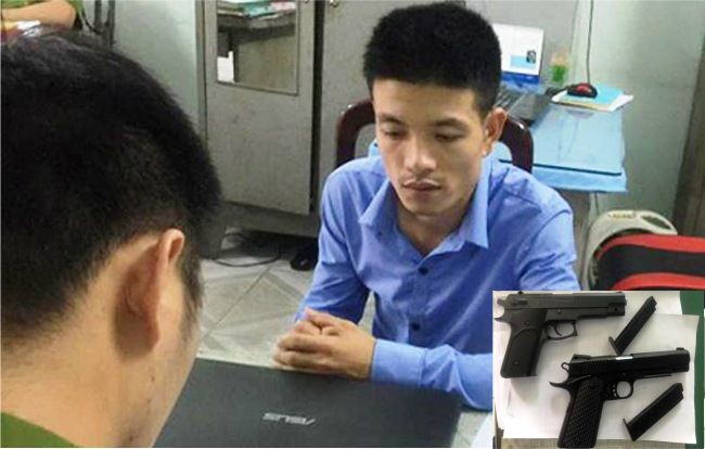 嫌犯阿俊在公安機關供述。小圖為公安在嫌犯阿俊的出租房裡搜到的短槍2把。（圖源：互聯網）