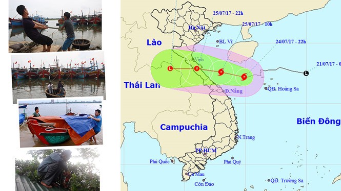 右圖為4號颱風移動方向。左4小圖為受颱風影響地區的落實應對措施。（圖源：阮福）