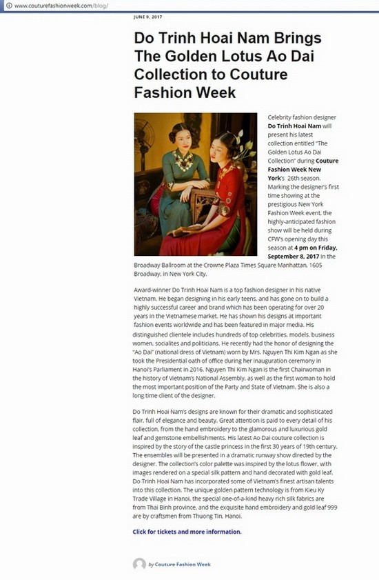 New York Couture Fashion Week 2017網站上出現有關越南長衫設計師杜鄭懷南的資訊。（圖源：網站截圖）