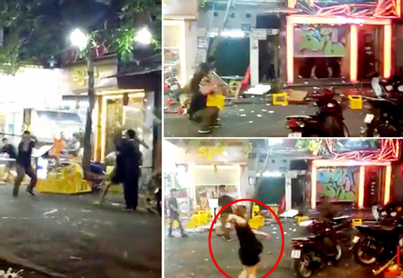 河內市還劍郡馬雲街某酒吧門前兩夥青年惡劣鬥毆。（圖源/拼圖：互聯網）