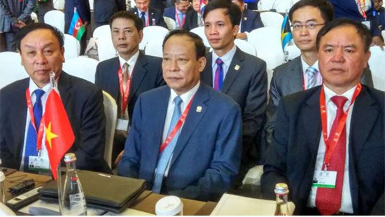 我國公安部副部長黎貴王(前排中)出席Interpol第 86 屆全體大會。（圖源：VOV）