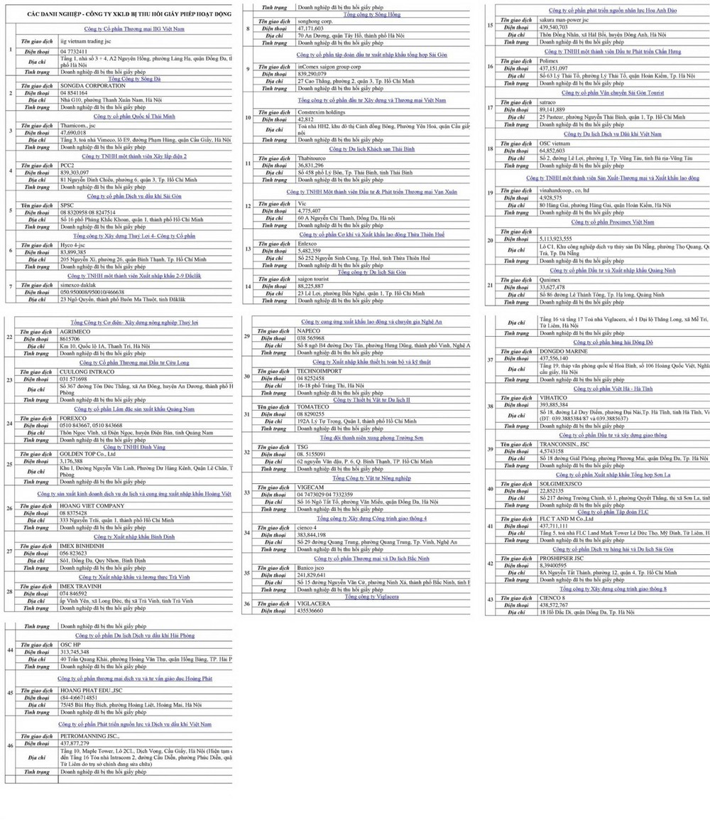 被吊銷許可證的46家勞工出口企業名單。（圖源：互聯網）