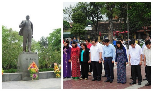 由黨中央政治局委員、河內市委書記黃忠海率領的河內市委、人民議會、人委會、河內市越南祖國陣線委員會代表團近日已前往巴亭郡芝陵花園向共產領袖列寧塑像敬獻鮮花。（圖源：英英）