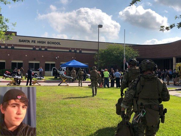 執法人員進入校園。左下小圖為17歲槍手季米特里奧斯‧帕古爾齊斯。（圖源：路透社）