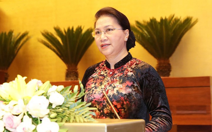 國會主席阮氏金銀致開幕詞。（圖源：VOV）