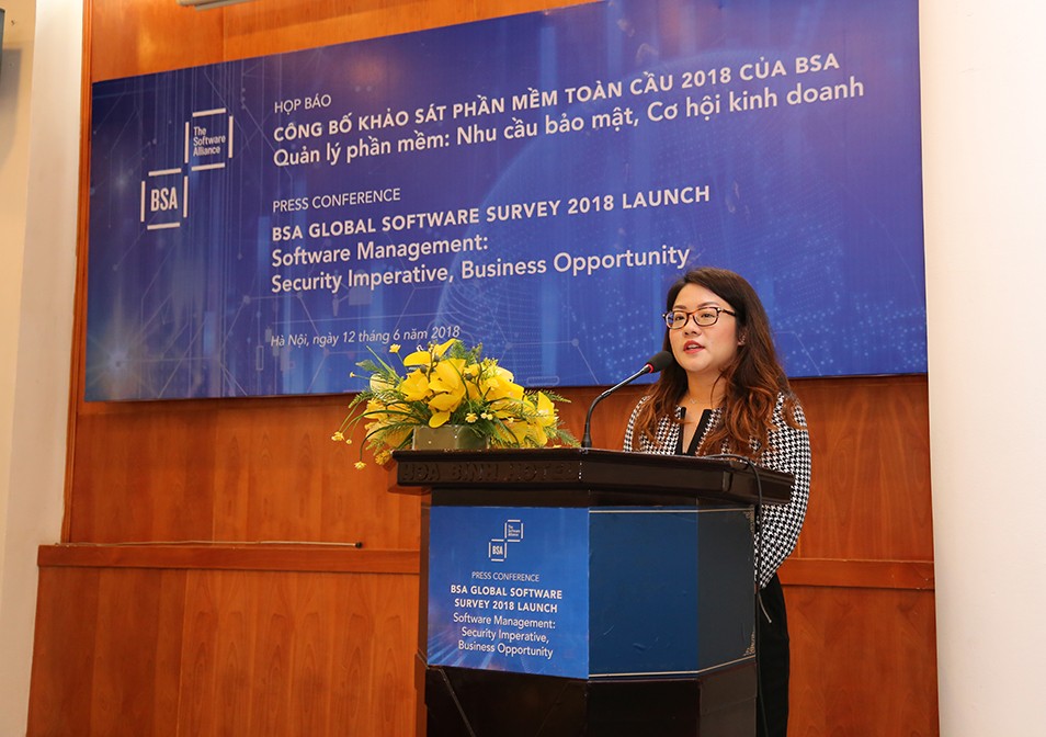 商業軟件聯盟(BSA)代表人Sheryl Lee 在新聞發佈會上公佈2018年全球軟件的調查結果。（圖源：TT）