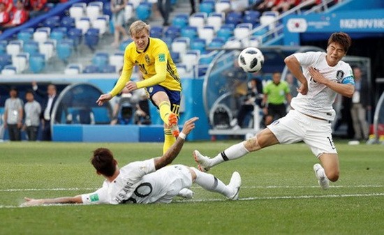 瑞典（黃衣）進攻次數比韓國隊多。